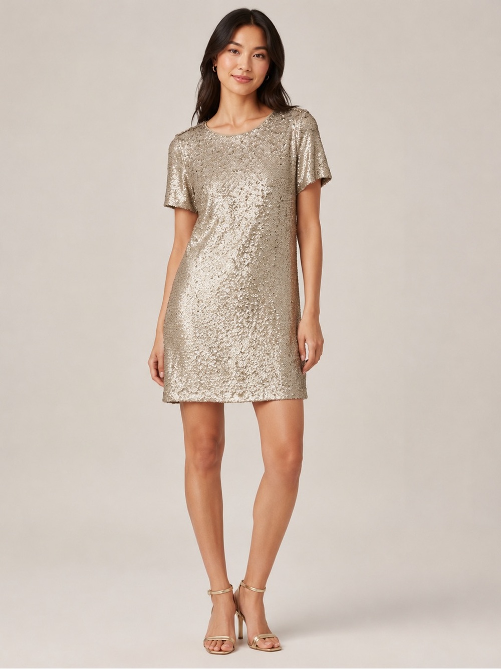 NWT Kenneth Cole Gold Sequin Short Sleeve Shift Dress Small